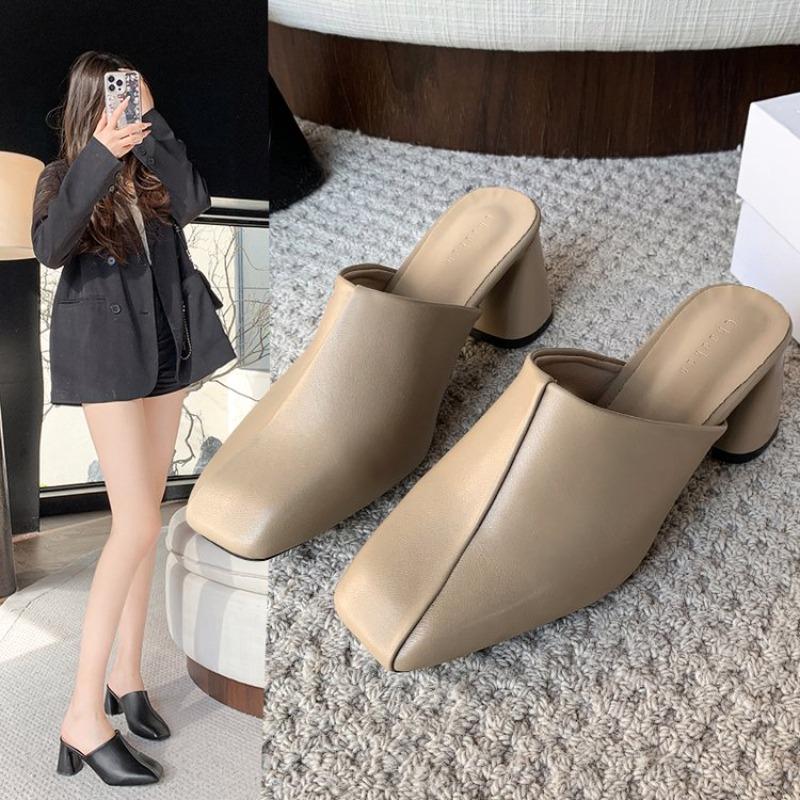 Fashion Comemore Baotou Half Slippers Women Square Head High Heels Shoes Fashion Outside Wear Thick Heel Solid Color Mules Slides Shoes