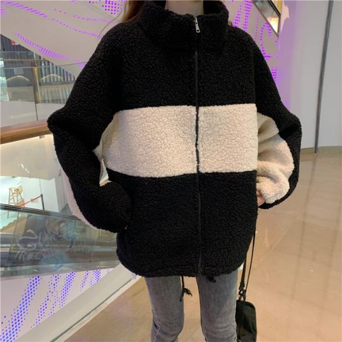Women s Trendy Korean-Style Color Block Fleece-Lined Lambswool Long Sleeve AutumnWinter L 1590₽