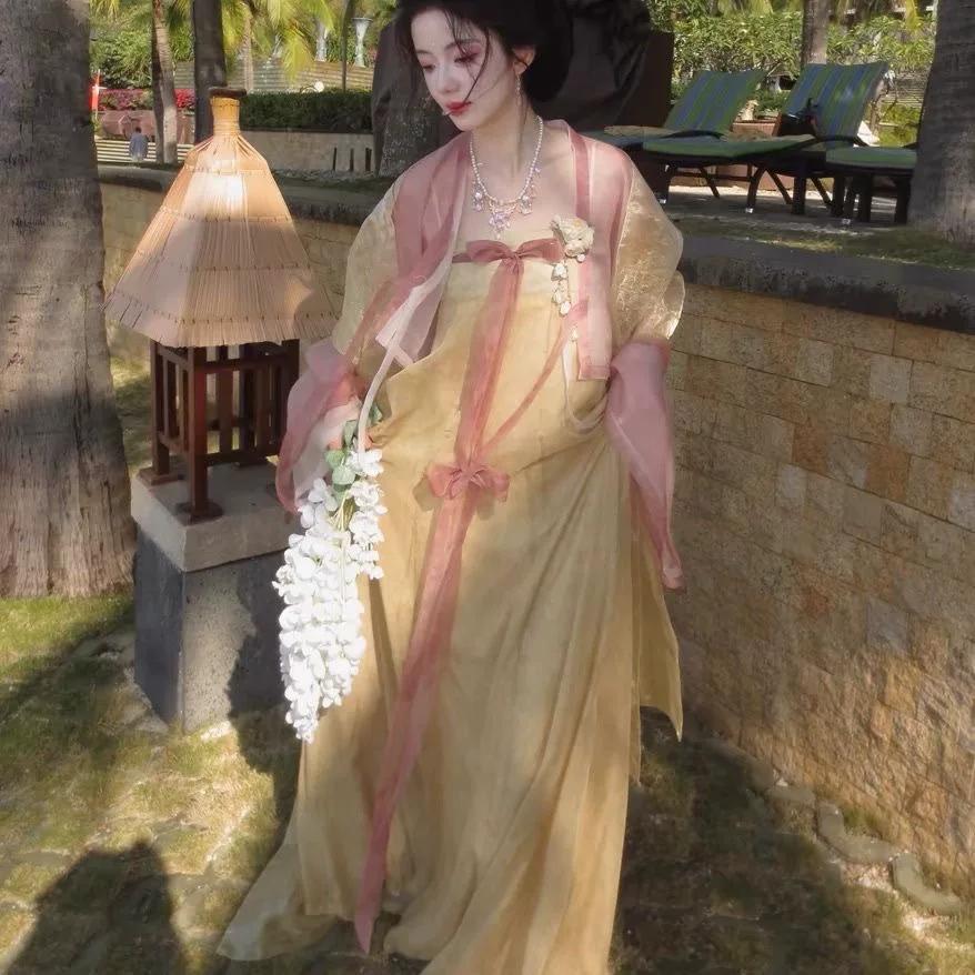 Women's Tang Dynasty Hanfu Full Set, Famen Temple Style Flowy Cape Chest-high Ruqun Lightweight Spring Summer Traditional Chinese Costume
