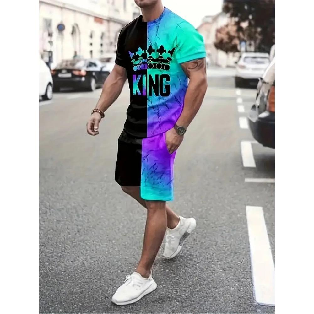 Summer Men Hip Hop Style Printed Men's Crew Neck T-shirt Shorts Set  Fashionable Cartoon Print Street Casual Everything