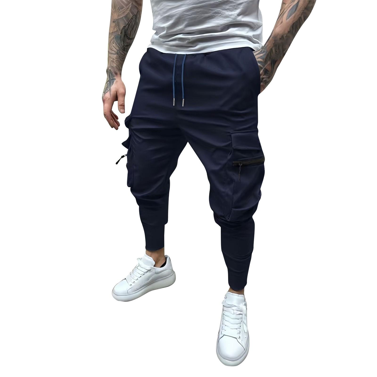 

Мужской однотонный комбинезон на молнии с несколькими карманами и шнурком, мужские повседневные брюки с шнурком XL тёмно-синий