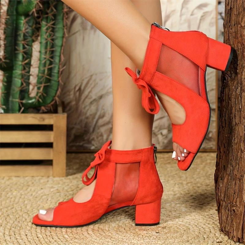 Fashion Sandals Women Peep Toe Bowknot Chunky Heeled Sandals Summer Ladies Elegant Butterfly Knot Sandals Back Zipper Fish Mouth Shoes