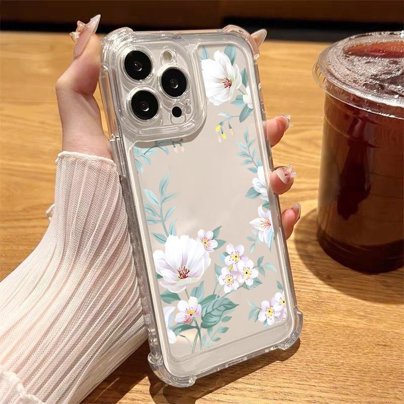 Floral Print Clear Slim Shockproof Case For iPhone 16 Pro 16E 15 Pro Max 14 13 12 11 Anti-Fall Soft Silicone Transparent Phone Cover