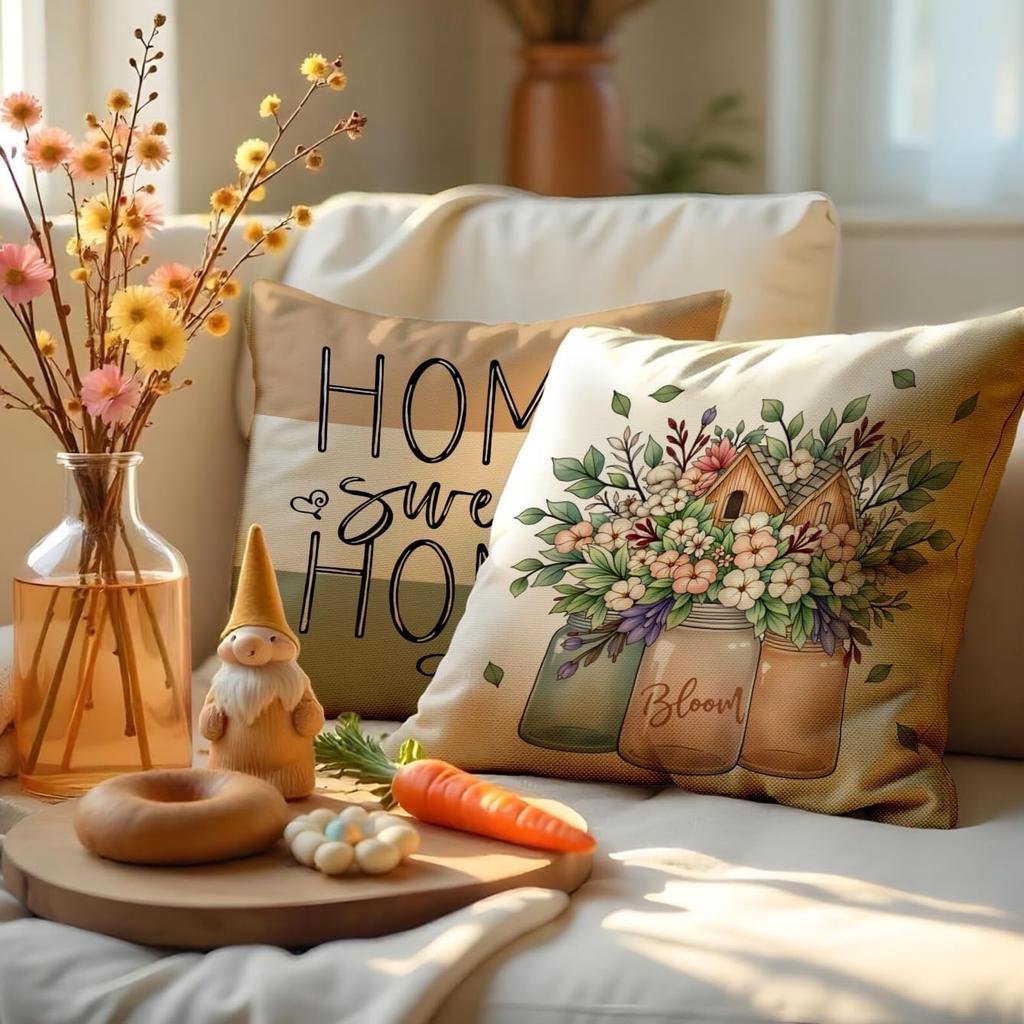 Farmhouse Throw Pillow Cover Flower House Garden Pillow Cushion Case - 4 Pack, Great For Couch Chair Yard Living