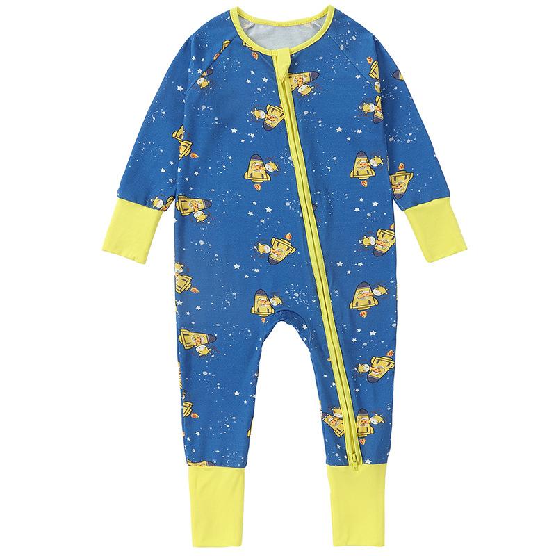 Baby Bamboo Fiber Romper Long Sleeve Double Zipper Footed Pajamas for Spring Autumn Winter