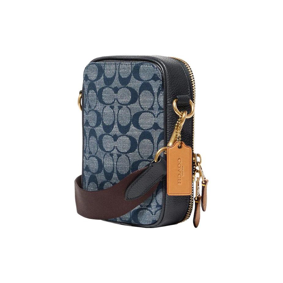 Coach Stanton 13 Floral Print Color Block Zipper Canvas And Leather Crossbody Bag Mini Men bags Brass Denim-Blue C8235-B4EI