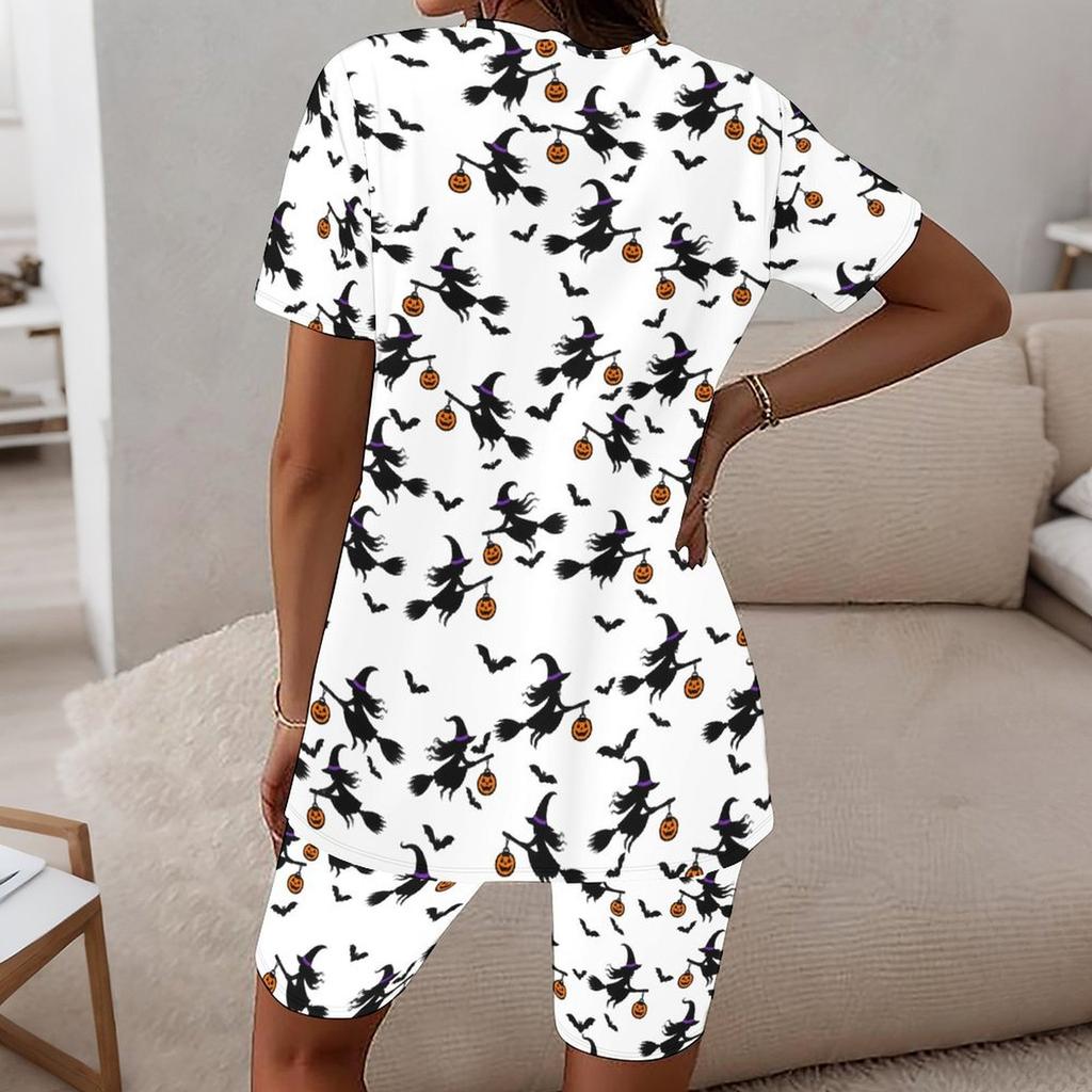 Women Plus Size White Halloween Printed Round Neck Short Sleeve Longline Top Fitted Shorts Two Piece Set