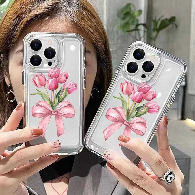 Trendy Pink Tulip Bow Clear Phone Case For iPhone 17 16 Pro Max 15 14 Plus 13 12 11 XS X XR 7 8 Plus 16E 17 Air Protective Cover