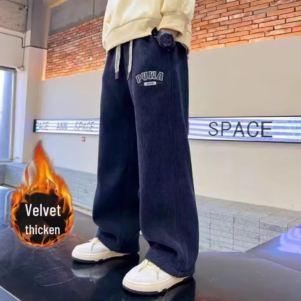 Teen Boys' Thick Velvet Straight-Leg Sports Pants for Autumn & Winter