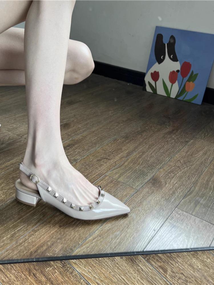 Women's Nude Pointed Toe Chunky Heel Rivet Flats - Patent Leather Closed Toe Sandals for 2025 Spring & Autumn