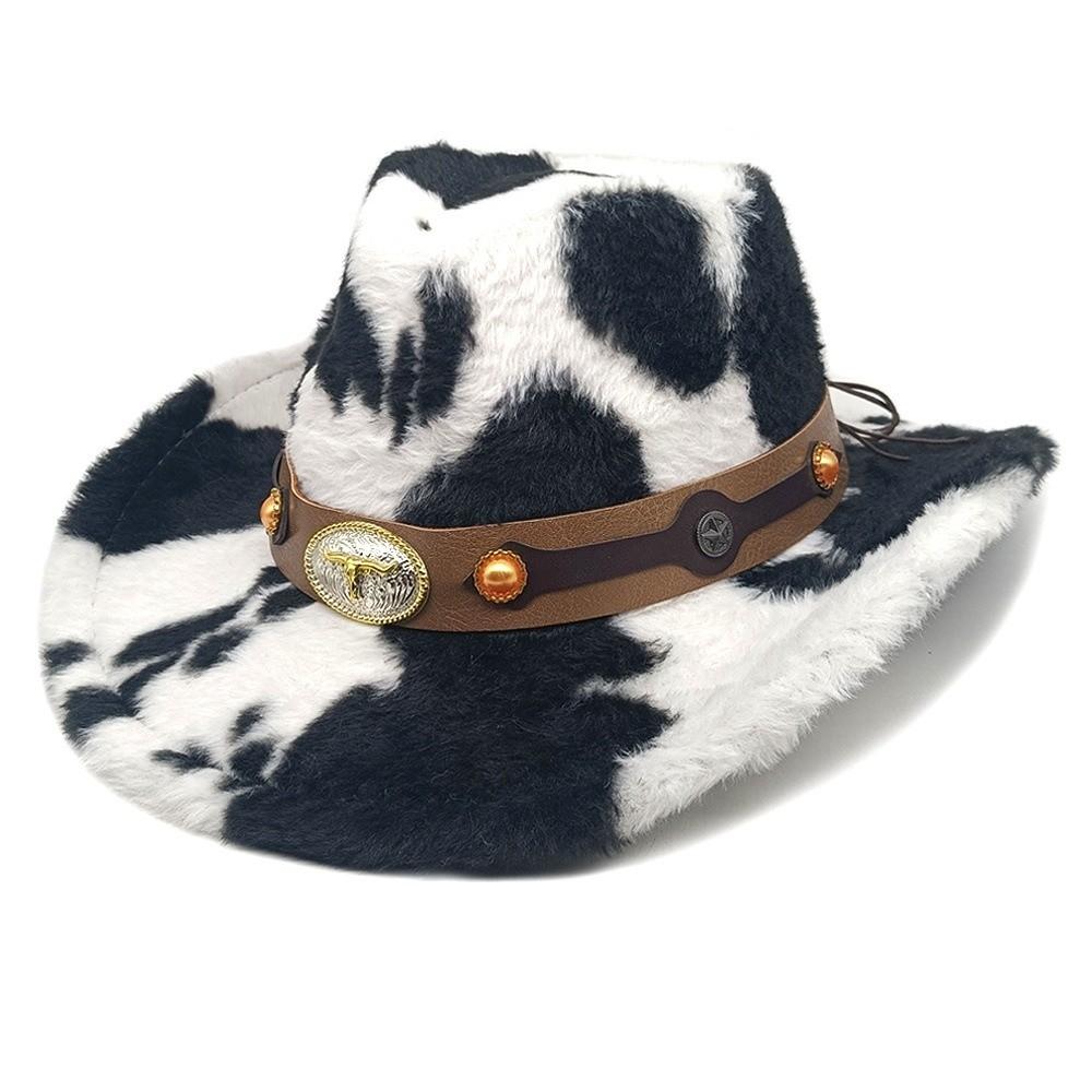 Metal Badge Faux Fur Hat Windproof Cowgirl Hat Vintage Western Cowboy Hat  Winter Wear