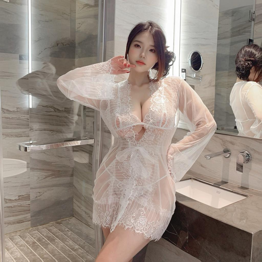 Sexy nightdress, erotic underwear, women's, lace deep V perspective super Sao temptation suit perspective fat mm