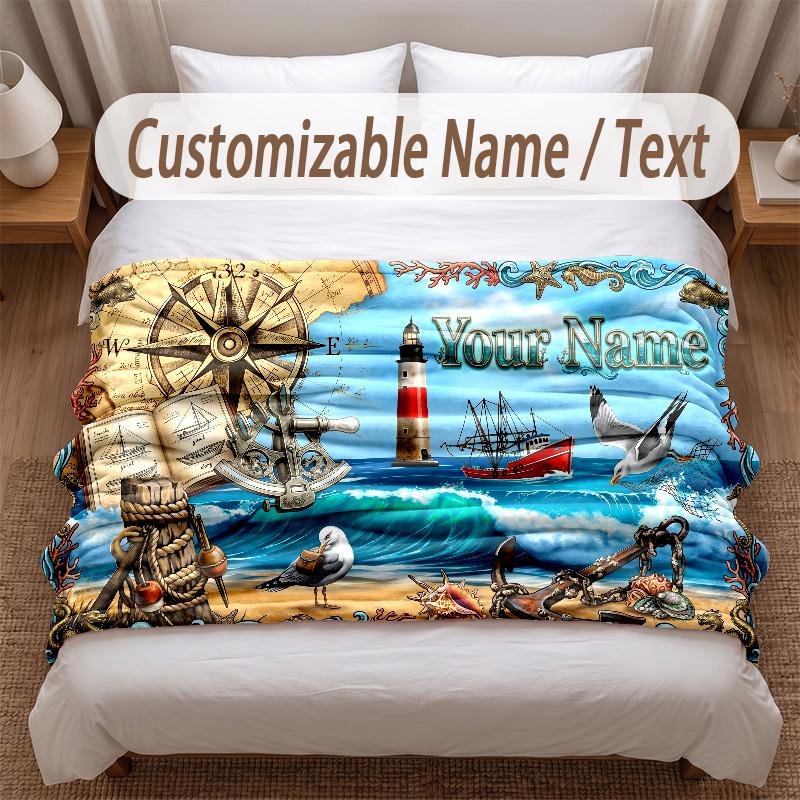 Fish Ocean Theme Soft Blanket Personalized Custom Name Text Print Warm Blanket Home Sofa Bedroom Decor