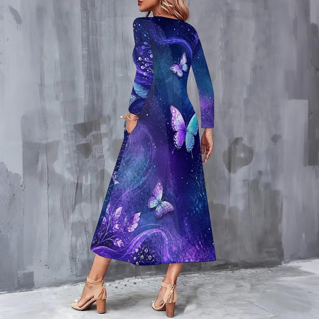 Women Plus Size Long Sleeve V Neck Butterfly Printed A Line Midi Dress With Pockets