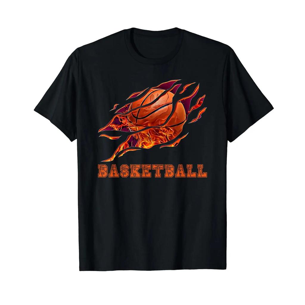 Distress BBall On Fire T Shirt for Basketball Players and Enthusiasts Black Vintage Washed Stre