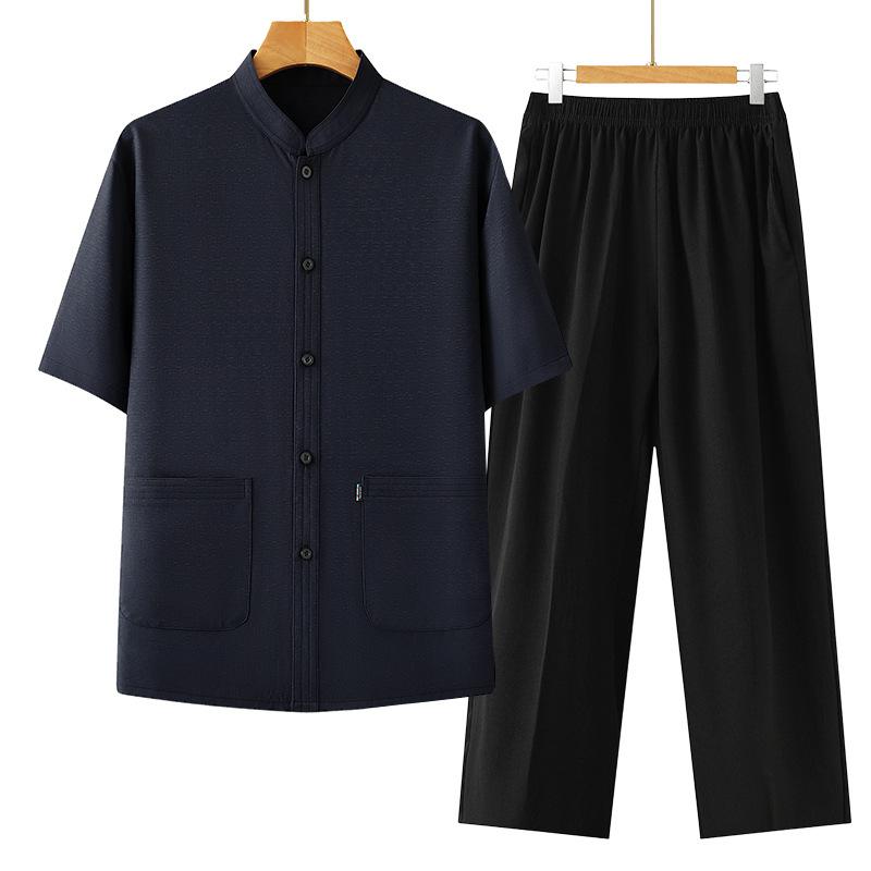 Middle-aged Men's Short-sleeved T-shirt Grandpa Tang Suit Sweatshirt Summer Cardigan Top Suit Dad Old Man's Shirt Two-piece Set