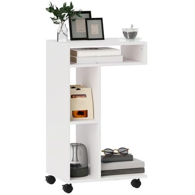 Side Table, C-shaped Serving Trolley, 4 Casters, 3 Compartments, 40 X 30 X 69 Cm, White