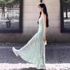 Seaside vacation wind green suspender dress women's summer temperament mesh stitching waist thin a-word skirt long dress