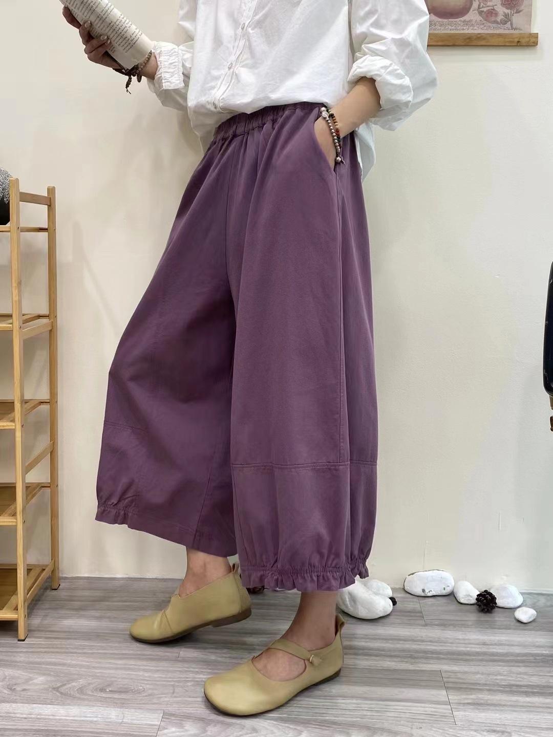 

Летние шаровары Johnature женские японские однотонные свободные универсальные эластичные брюки прямые широкие брюки One Size фиолетовый