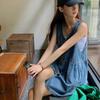 Pleated Denim Camisole Dress V-neck Sleeveless Short Dress Cowboy Strap Dress  Beachwear