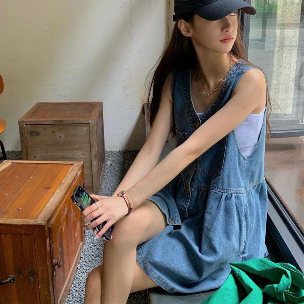 High Waisted Denim Camisole Dress Pleated Sleeveless Short Dress Elegant Cowboy Strap Dress  Summer