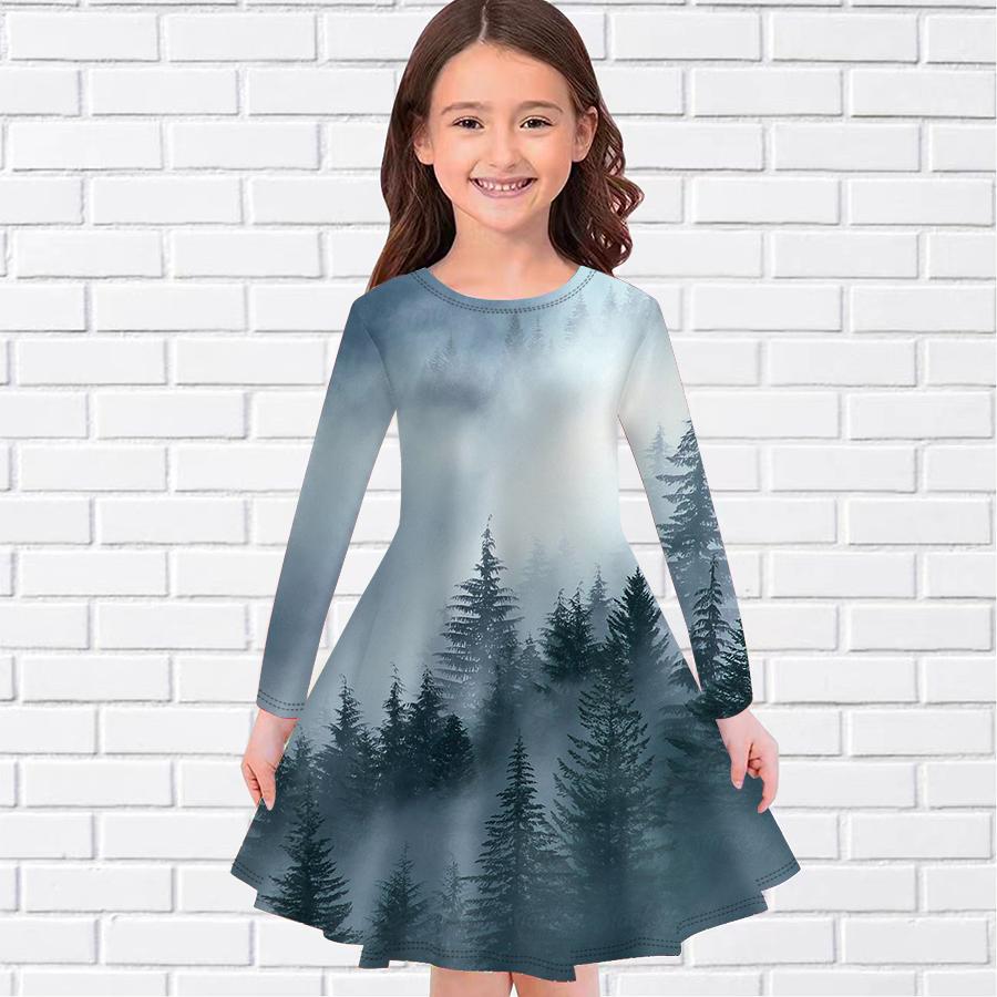 

Girl Casual Gradient Forest Print Round Neck Long Sleeve Dress Kid Princess Dress