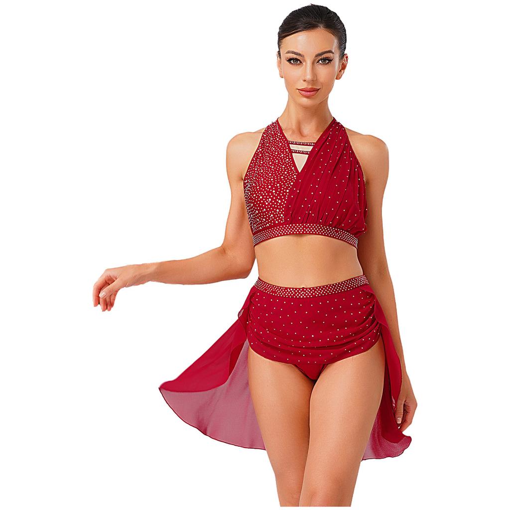 S-XXL Women's Dancewear Set: Sleeveless Halter Ruched Crop Top & Sparkly Rhinestone Irregular Hem Skirt with Built-in Briefs for Lyrical Performance