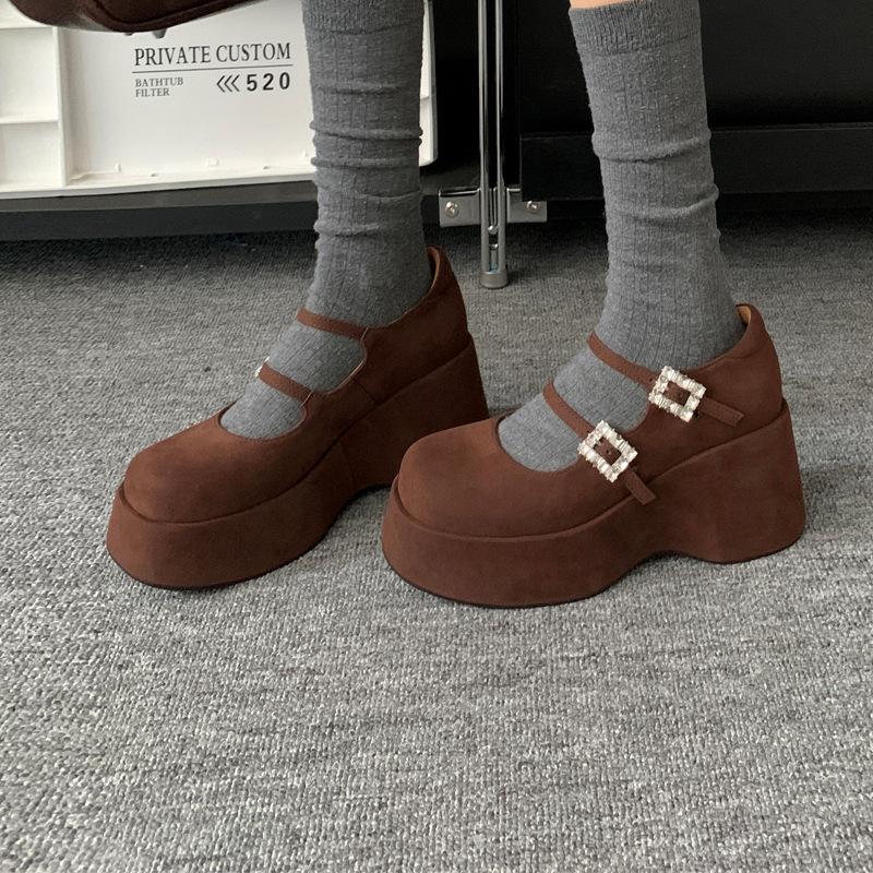 French niche simple double buckle with rhinestone Mary Jane shoes women's spring new thick-soled wedge heel round head fashion