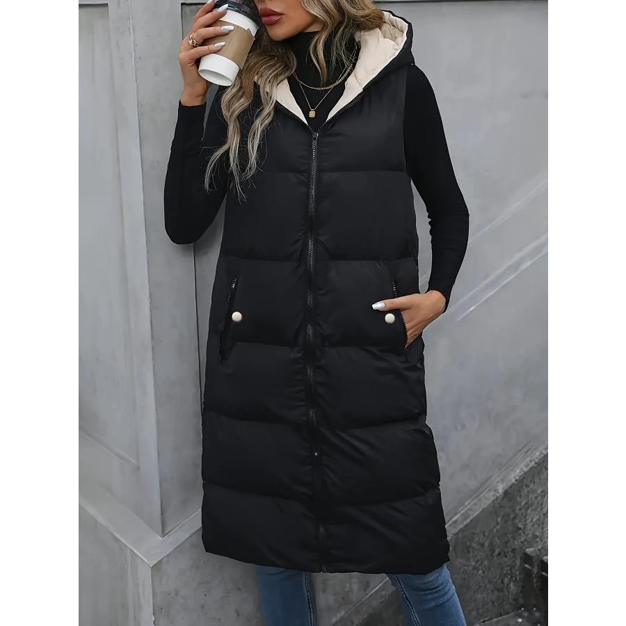 Zip-up Hoodie Puffy Vest, Casual Sleeveless Slant Pockets Warm Midi Vest For Fall & Winter, Women's Clothing