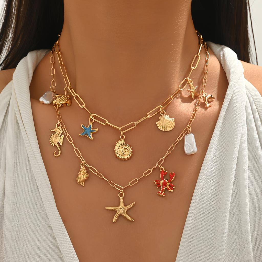 Boho Layered Ocean Charm Necklace Set Paperclip Chain Starfish Shell Seahorse Lobster Faux Pearl Summer Beach Jewelry for Women