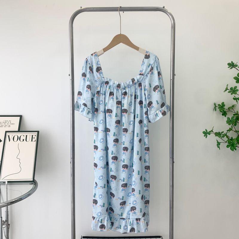 

Cute Cartoon Nightdress Silk Square Collar Lace Skirt Mid Length Long Length Home Skirt with Chest Pad Dress Can Be Outwear Light blue All yards