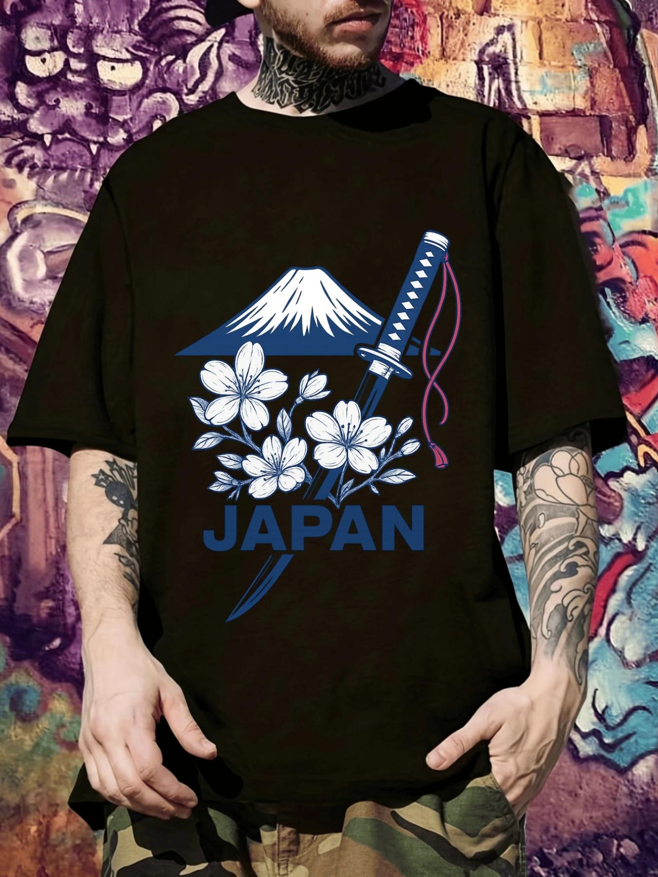 

Japanese Graphic T-shirt - Black with Blue Japan Text & Floral Sword Design - Lightweight Breathable Fabric for Everyday Casual Wear XXL