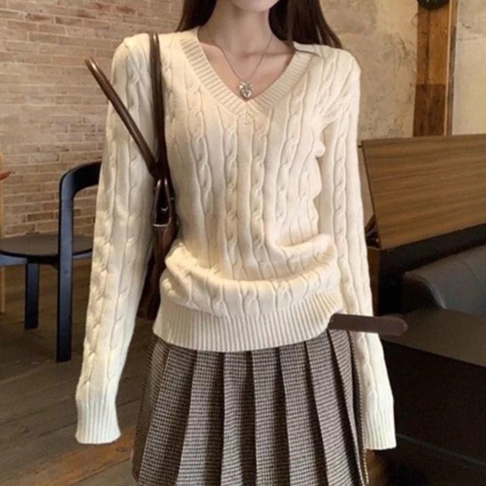 Long Sleeve V Neck Pullover Thick Loose Fit Korean Style Knitwear Fall Winter Sweater Inner Wear