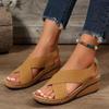 Women's Perforated Wedge Sandals Cross Strap Solid Color Hook & Loop Shoes Comfy Arch Support Platform Shoes