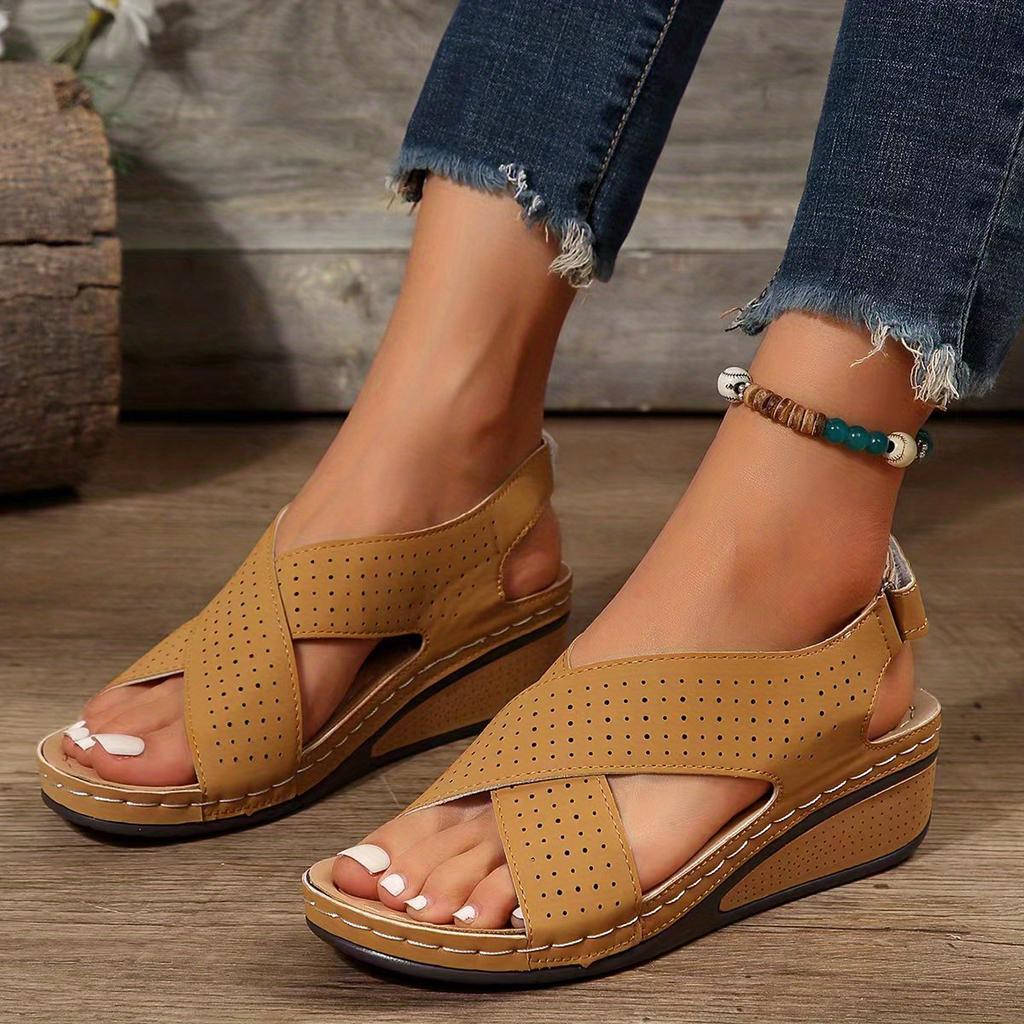 Women's Perforated Wedge Sandals Cross Strap Solid Color Hook & Loop Shoes Comfy Arch Support Platform Shoes