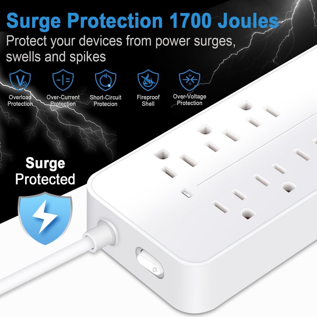 12-in-1   Protector Power Strip Extension Cord Flat Plug Power Strip with   Cord 8 Outlets and 3 USB & 1   Port 1700J Wall Mount Desk P