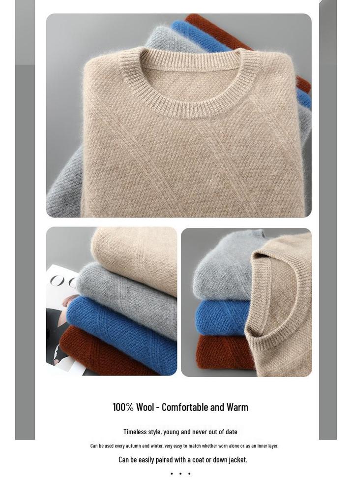 Men's High-Grade 100% Wool Round Neck Sweater - New Thick Knitwear for Autumn & Winter, Versatile Business Casual Style