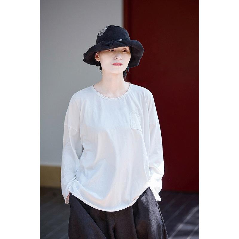 Artistic Retro White Cotton Long Sleeve Casual T-Shirt M