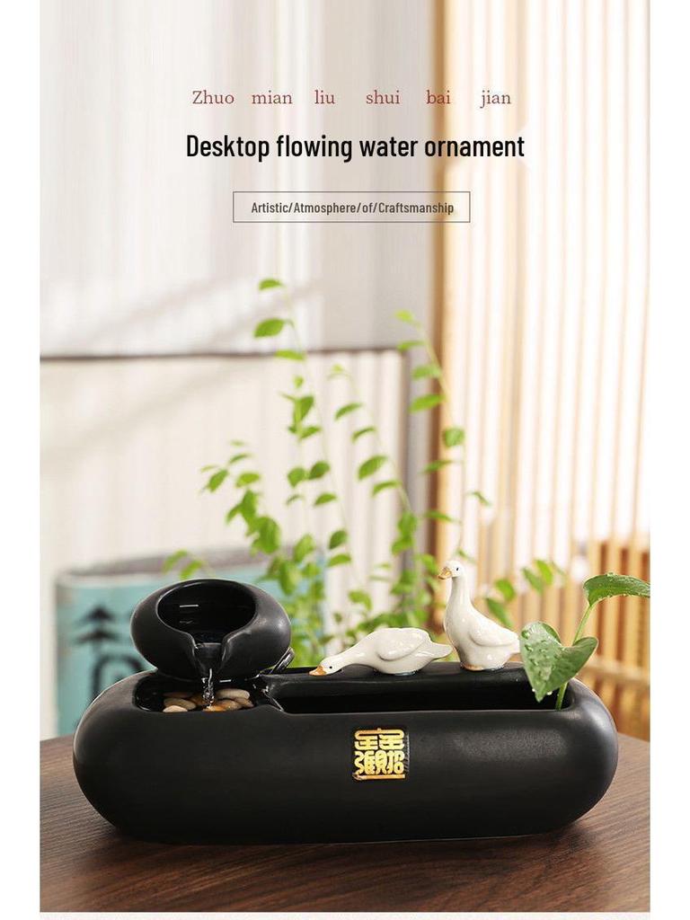 Ceramic Desktop Fish Tank with Automatic Water Circulator and Lucky Cat Ornament