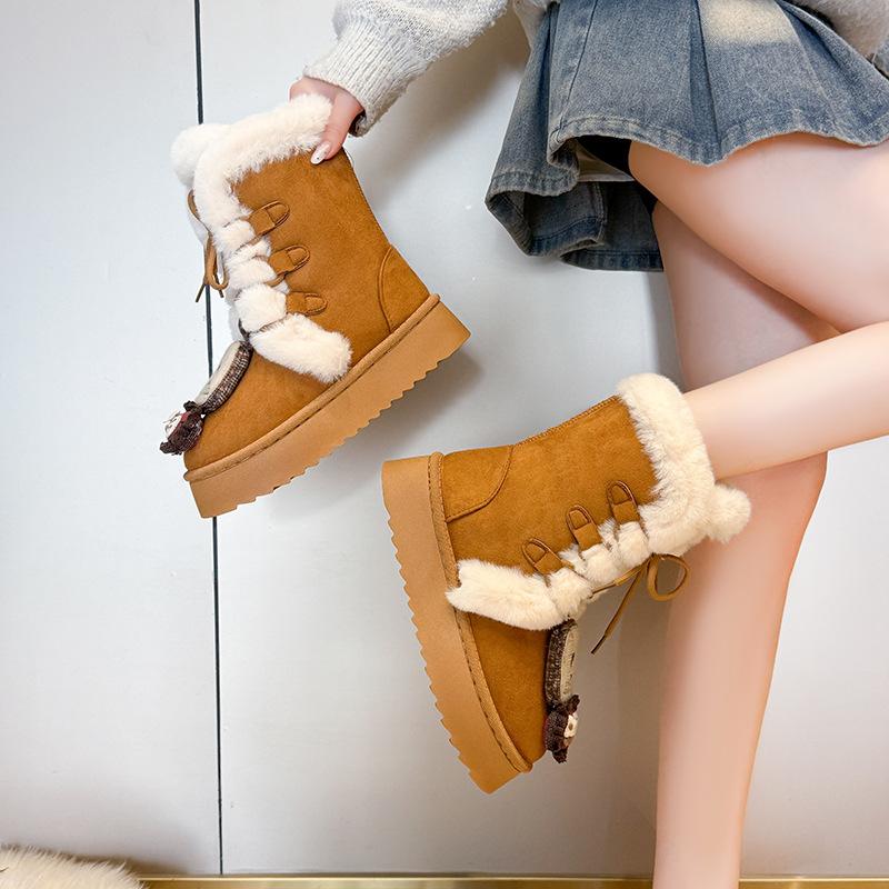 Women's Lace-up Large Size Thick Sole Winter Warm Fur Snow Boots Padded Lined Ankle Boots Anti-slip Hiking Sports Cotton Boots