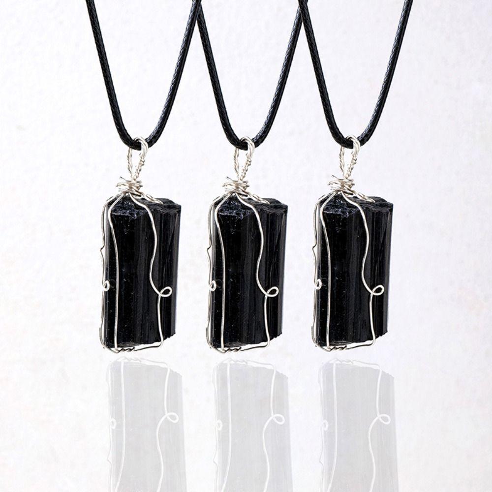 

Rough Natural Black Tourmaline With Silver Wire Raw Stone Necklace Pendant Sweater Chain Decor