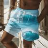 Men's Blue-White Gradient Wave Stripe Print Drawstring Shorts, Spring