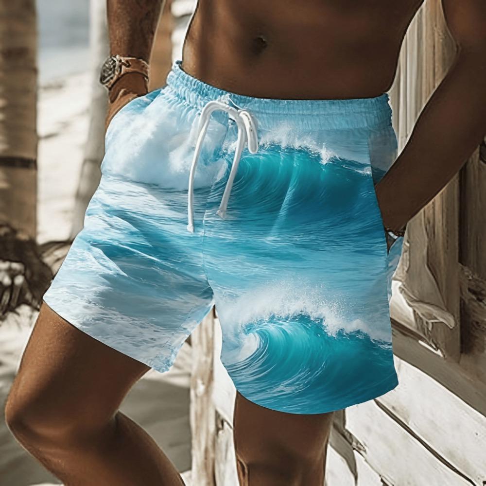 Men's Blue-White Gradient Wave Stripe Print Drawstring Shorts, Spring