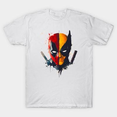 Asian Size Men Black Print T-shirt Deadpool Wolverine No-Cut Heat Transfer Print Cotton Tshirt