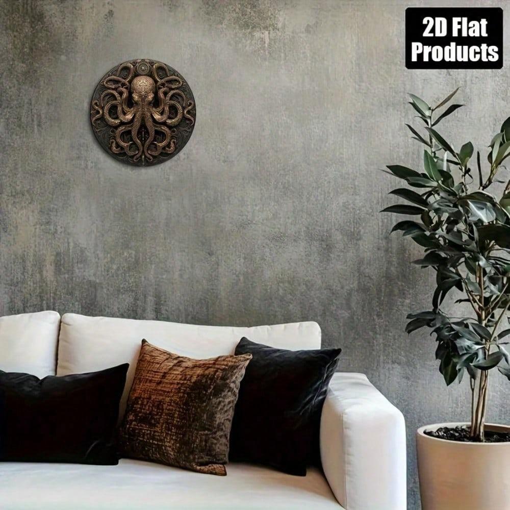 Retro Metal Octopus Wall Art 8 Inch Round Plaque Marine Sea Creature Decor Home Coastal Beach Sign