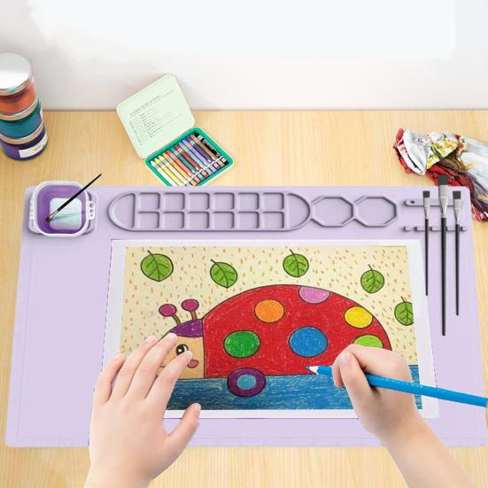 Drawing Mat Food Grade Silicone Painting Mat with Cup Non-Stick Art Mat with Brush Cleaner Pen Holder DIY Clay Art Supplies