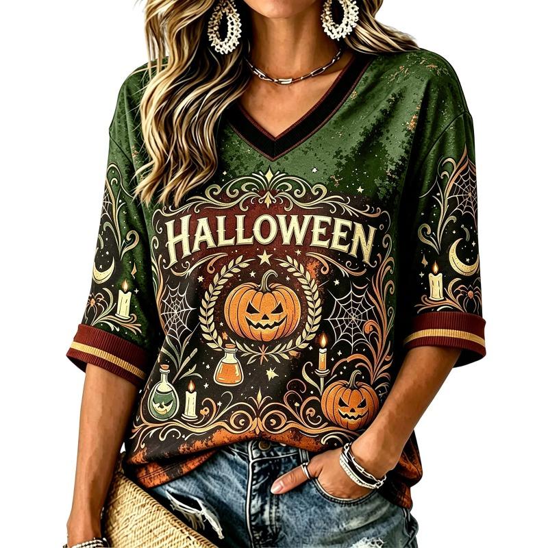 Women's V-Neck Short Sleeve Top, Vintage Halloween Pumpkin Candle Cobweb Print Make Old Casual Holiday T-Shirt
