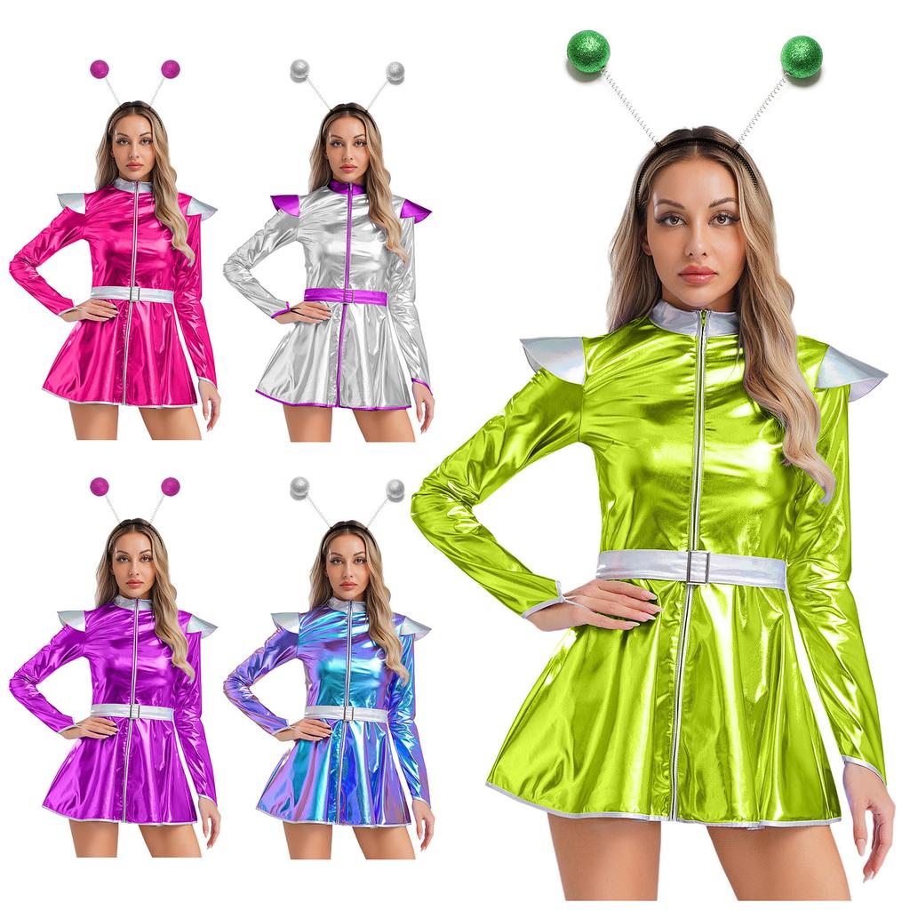 Complete Alien Astronaut Costume for Women: Dress with Hair Hoop, Metallic Shiny Long Sleeve A-line Zipper Halloween Outfit