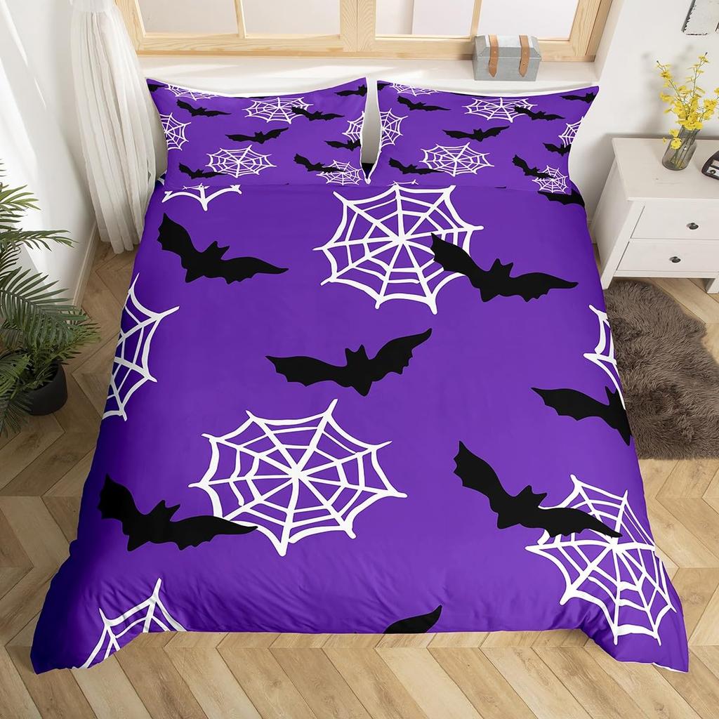 Cartoon Purple Bat Gothic Duvet Cover Halloween Bats Bedding Set Star Quilt Cover Spooky Dark Shadows Silhouette Halloween Decor