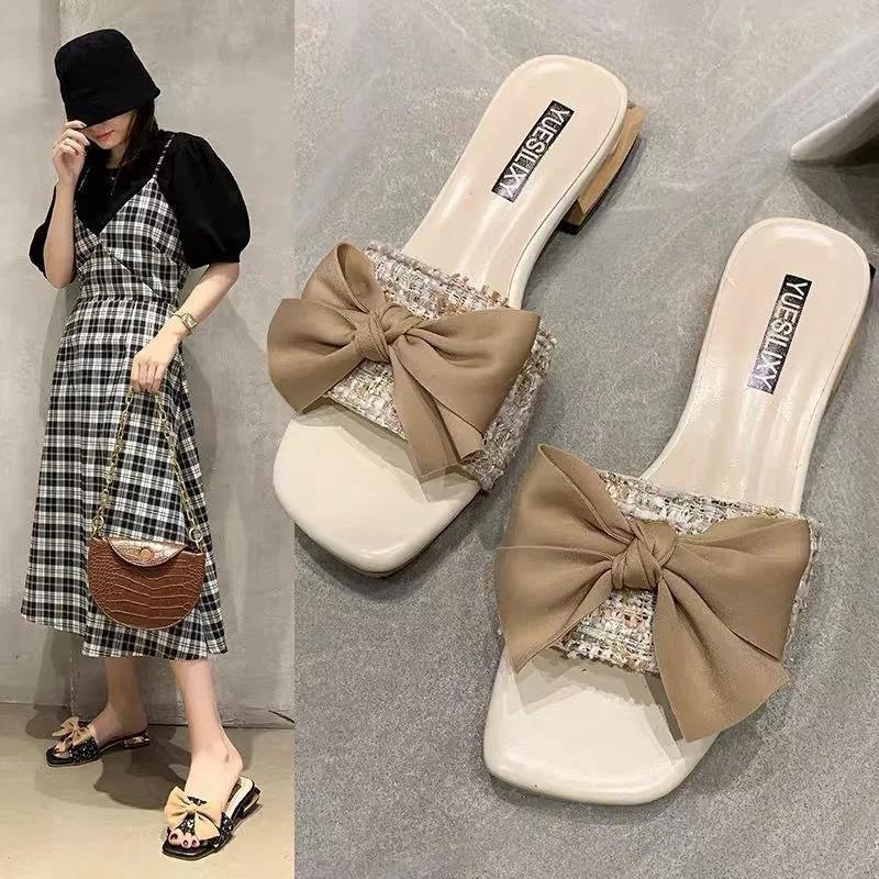 Fairy style slippers female summer 2025 new bow outer wear fashion thick heel versatile one-word drag ins tide